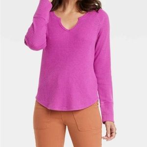 Knox Rose Waffle Knit Long Sleeve Notch Neck Top Women’s Size XXL Fuchsia Purple